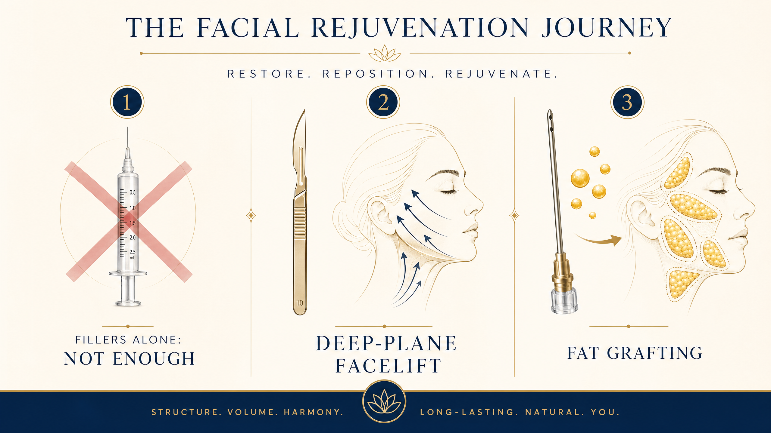 The facial rejuvenation journey: why fillers alone are not enough, deep-plane facelift, and fat grafting
